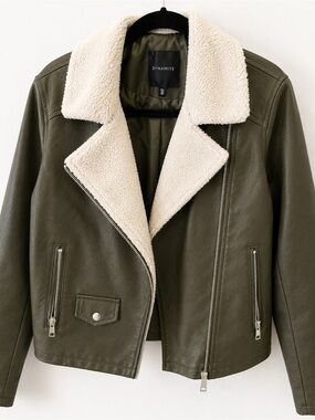 Dynamite Olive Leather Jacket with Cream Sherpa Lining